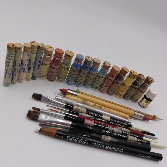 Willoughby's Other - Vtg Lot 17 Willoughbys China Paints Powder Brushes Art Tools Crafts Paint NOS